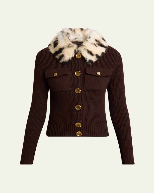 Leopard Print Shearling Collar Knit Wool Jacket